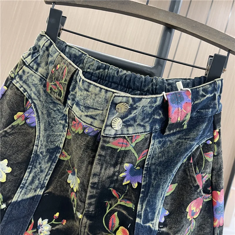 European Vintage Floral Washed Distressed A- Line Skirt Spring Summer New Fashion Streetwear High Waist Slim Denim Skirts Women