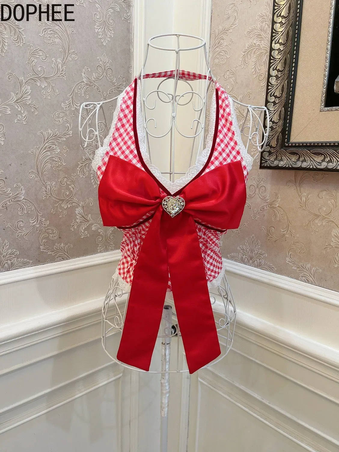 

Hot Chick Red Plaid Female Camisole Spring Summer Love Diamonds Big Bow High Waist Crop Tanks Tops Women Slim Halterneck Camis