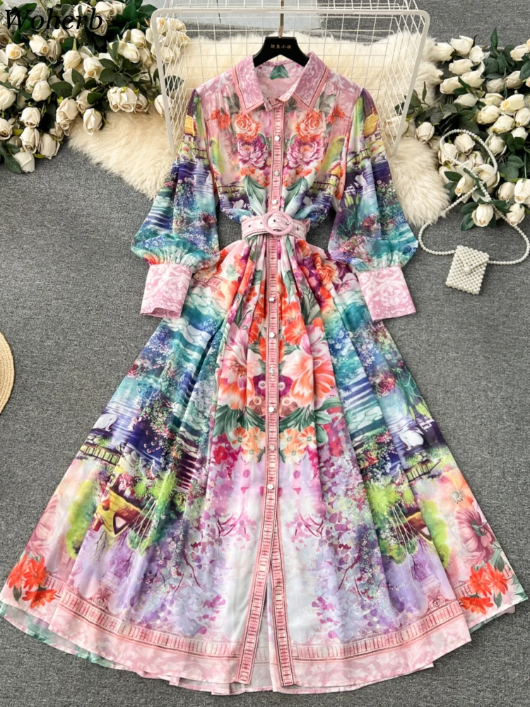 New Maxi Dresses for Women Bohemian Print Robe Femme 2024 Vestidos De Mujer A-line Belt Korean Vintage Single Breasted Dress Wj