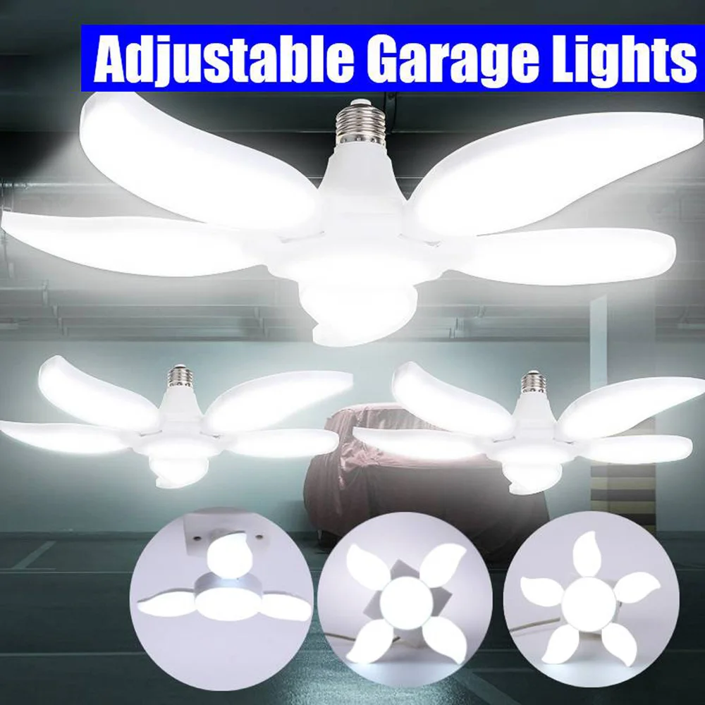 Luzes de teto LED com ventilador dobrável Lâmina, Garagem Luz, lâmpada deformável, Iluminação Industrial, Oficina Fixture, 45W, 50W, 55W, E27