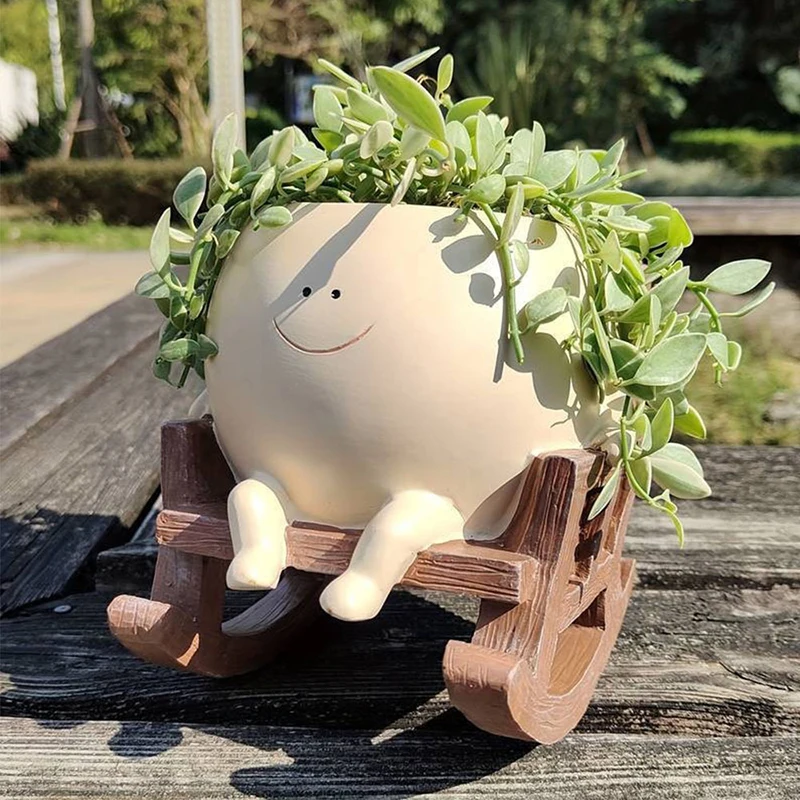 Rocking Chair Succulent Planter Smily Face Planter Pot Cute Resin Flower Head Planters For Indoor Outdoor Plants