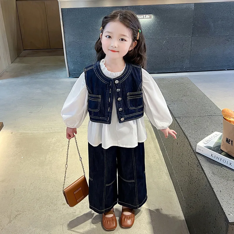 

2025New Girls' Outfit Spring Fashionable Spring and Autumn Wide-Leg Pants Denim Vest Baby Girl Early Spring Outfit