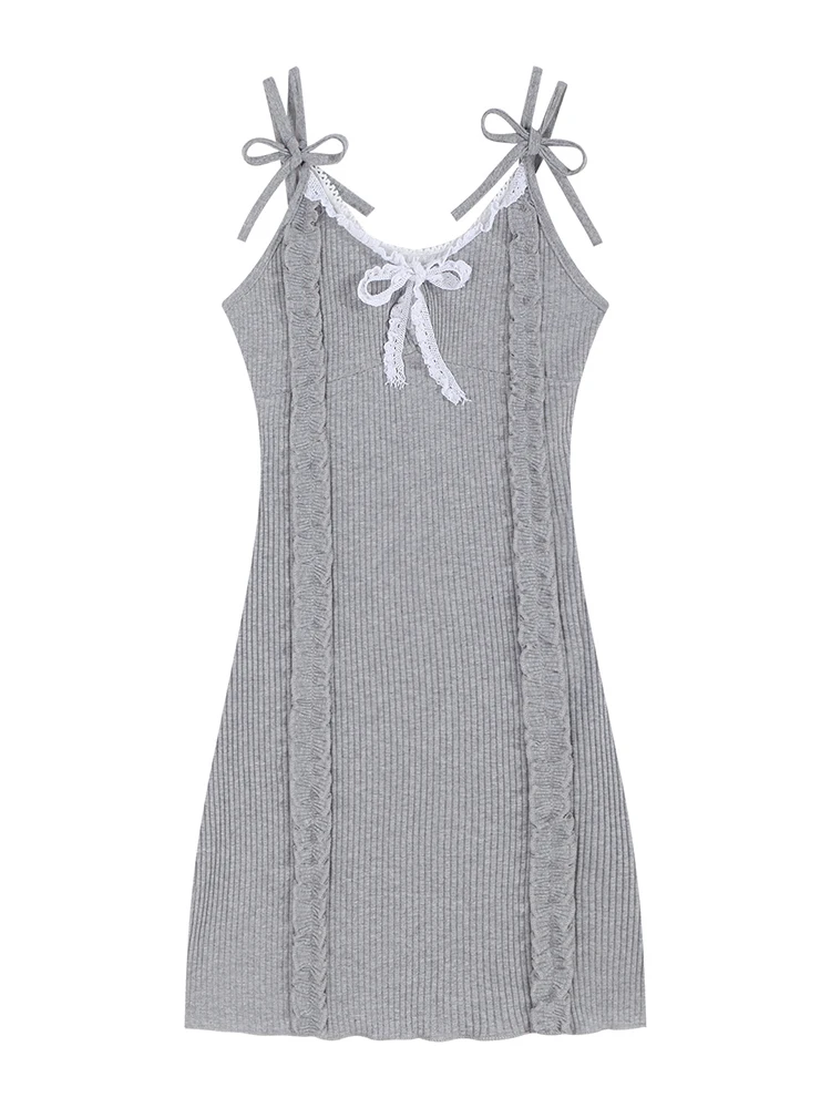 Women Dresses Strap Cute Elegant Vintage Grey Kawaii A-line Lace Bow Mini Dress Y2k Sleeveless Off Shoulder Dresses Summer 2023