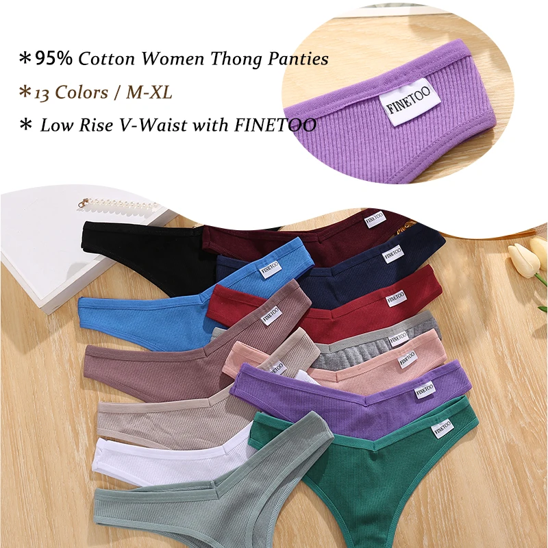 FINETOO 4Pcs/Set Sexy Women Cotton Thongs V Waist G-String Solid Color Striped Panties Female Underwear T-Back Intimate Lingerie