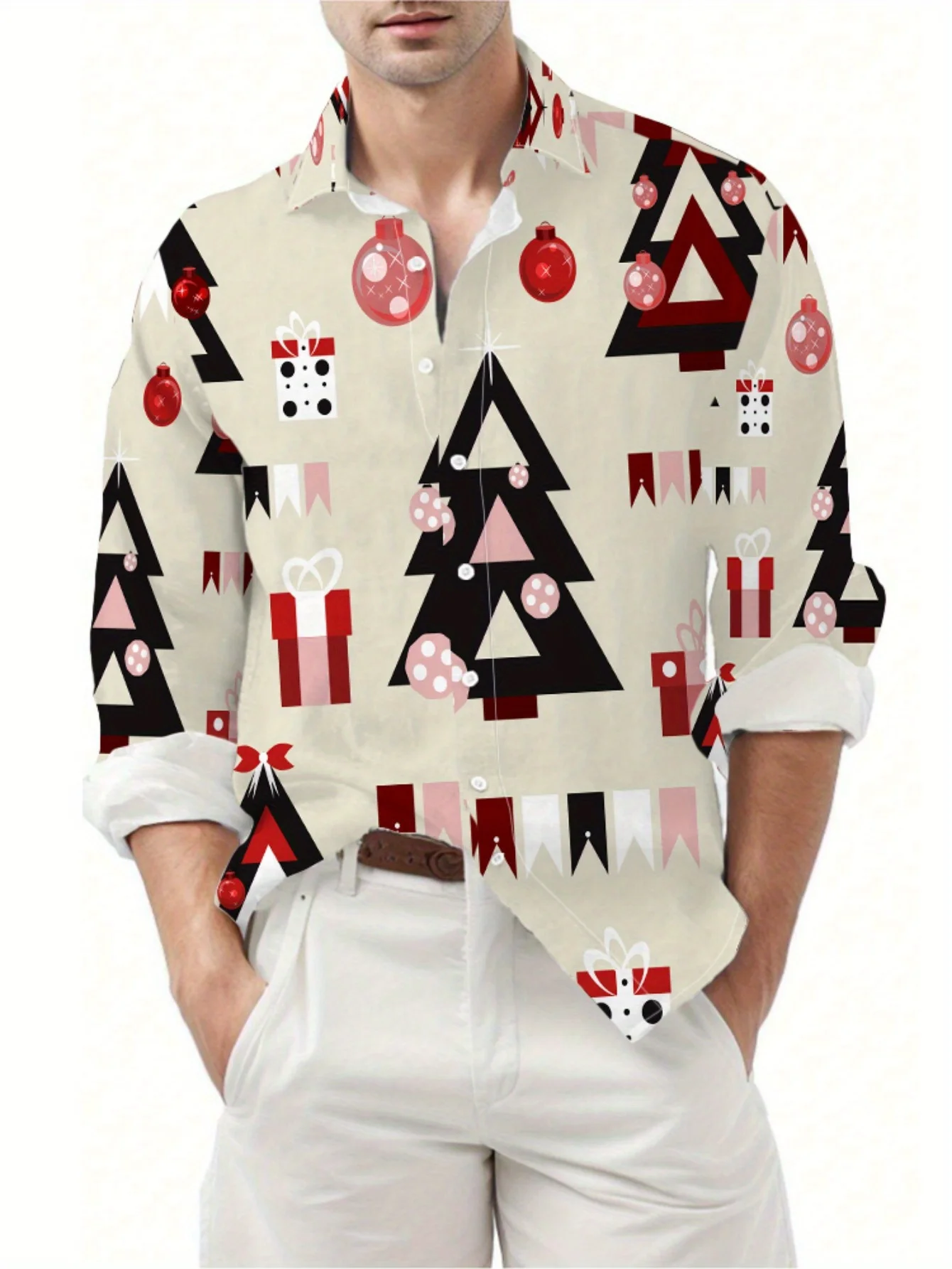 

Мужская рубашка с длинным рукавом с 3D рождественским принтом - праздничный воротник на пуговицах с оленем и снежинкой Санта-Клауса