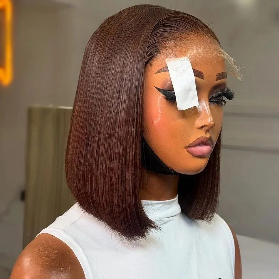 Chocolate Brown Short Lace Wigs Straight Short Bob Lace Front Wigs Synthetic and blend Free Part Daily Party Cosplay for Women