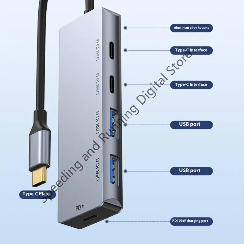 USB C Hub 10Gbps الألومنيوم 4-Port USB A USB-C 3.2 Gen 2 المحمولة USB C متعدد المنافذ محول PD100W شحن لأجهزة الكمبيوتر المحمول من النوع C