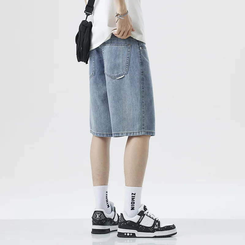 Summer Tencel Lyocell Loose Wide 5-Pocket Denim Shorts Men's Korean Casual Trousers