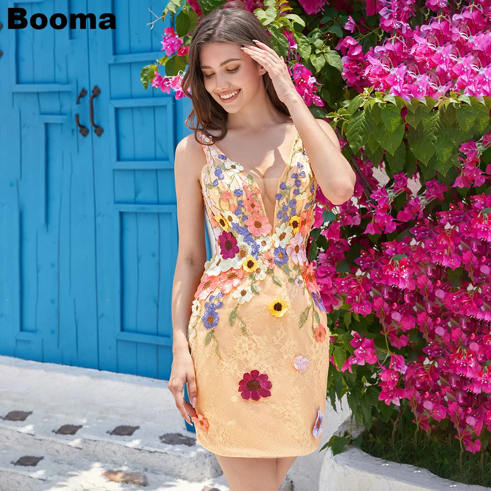 

Booma Mini Mermaid Prom Dresses Appliques V Neck Sleeveless Evening Dresses Graduation Gowns Homecoming Cocktail Dresses 2023