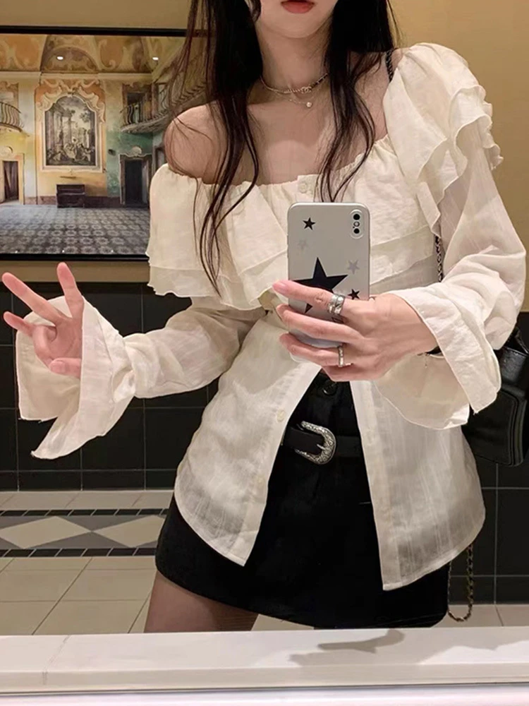 

Топ женский на одно плечо, осень 2026, в стиле Pure Desire, с рукавами-колокол, приталенный, с эффектом высокого класса, в японском стиле, нежный и изящный