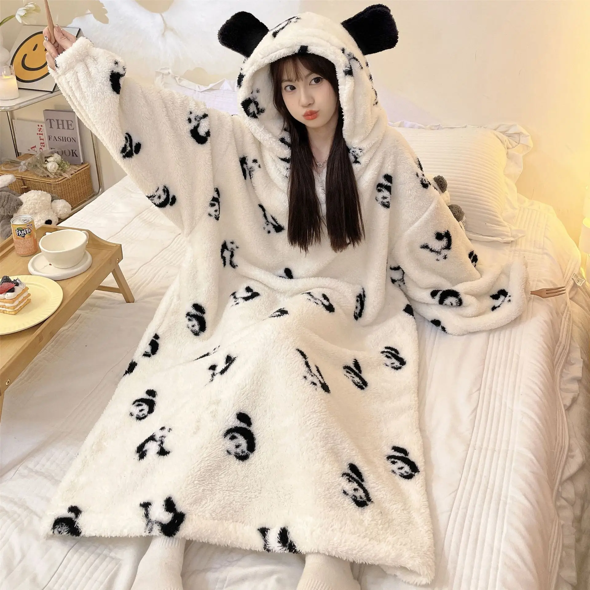 

Sweet Hooded Nightgown Loose Oversized Homewear Coral Fleece Warm Sleepwear Winter Long Thick Warm Nightdress Flannel Bathrobe