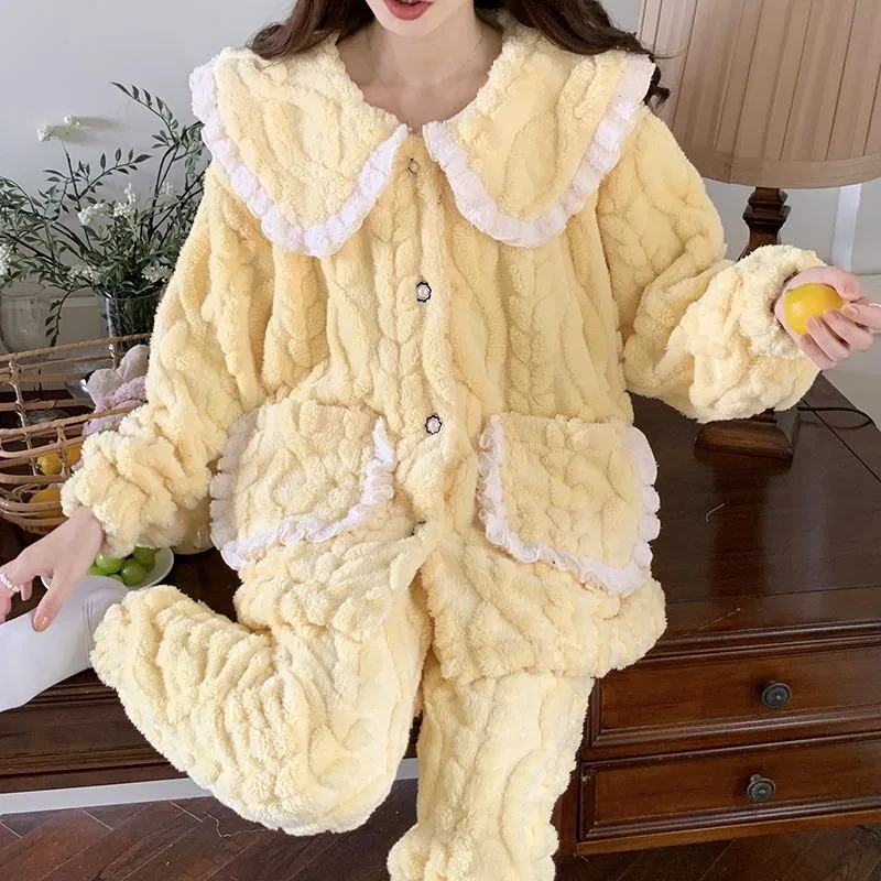 2024 New Coral Velvet Winter Pajamas Women\'s Casual Doll Collar Sleepwear Long Plush Long Sleeved Pants Homewear Two-piece Set