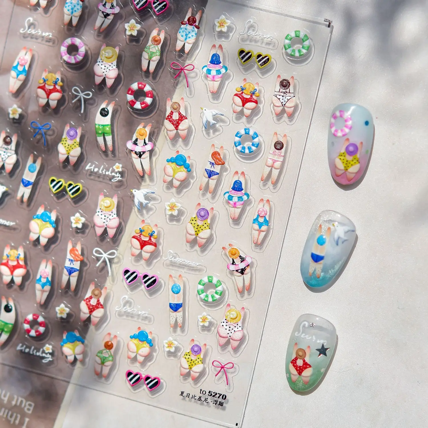 

Embossed Nail Stickers Summer Beach Nail Stickers Bikini Grass Skirt Heart Sunglasses Design Self-Adhesive Manicure Decals DIY