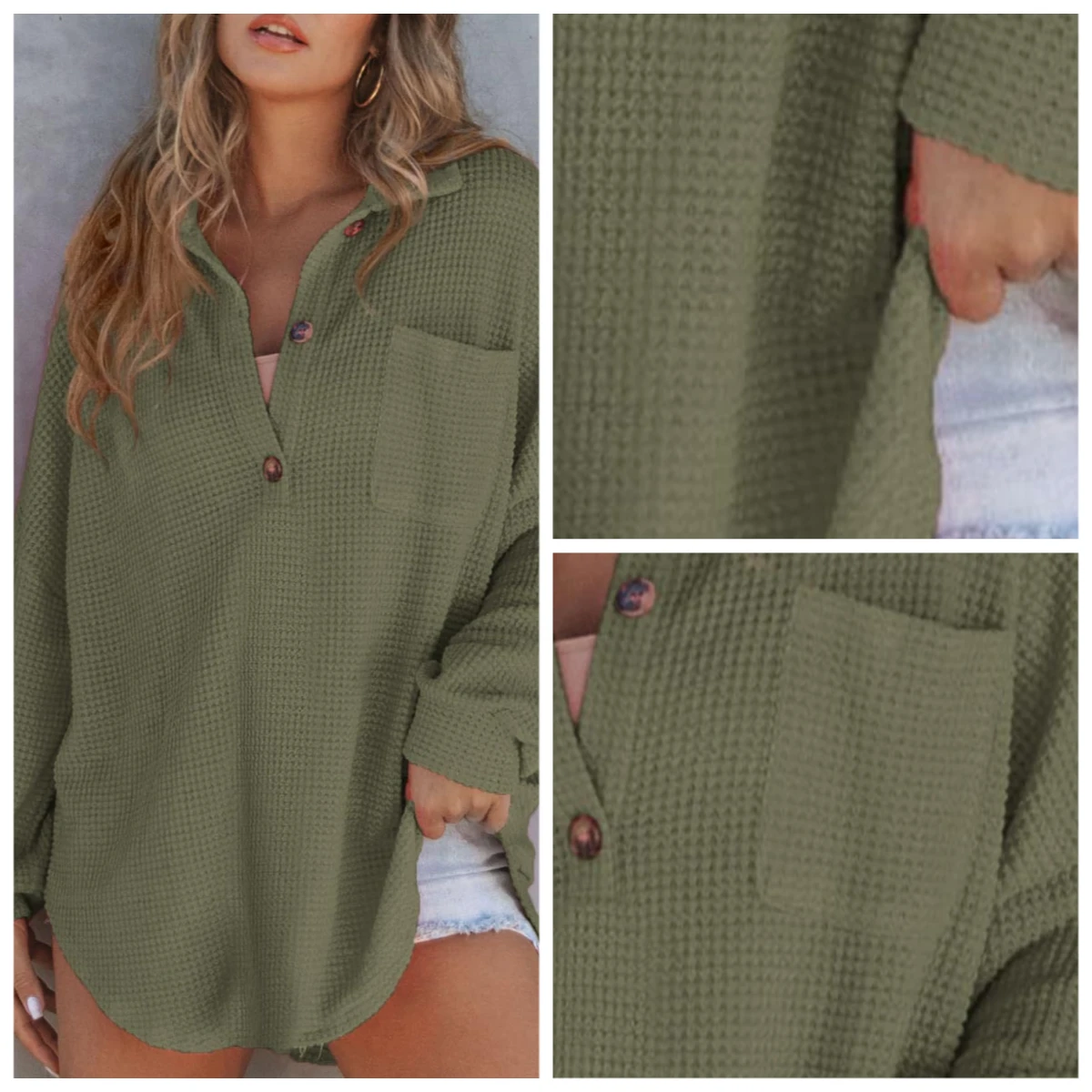 Women Tops V-Neck Buttons Half Placket Long Sleeve Pullover Tops Pure Color Loose Fit Waffle Texture Soft Stretchy Casual Tops
