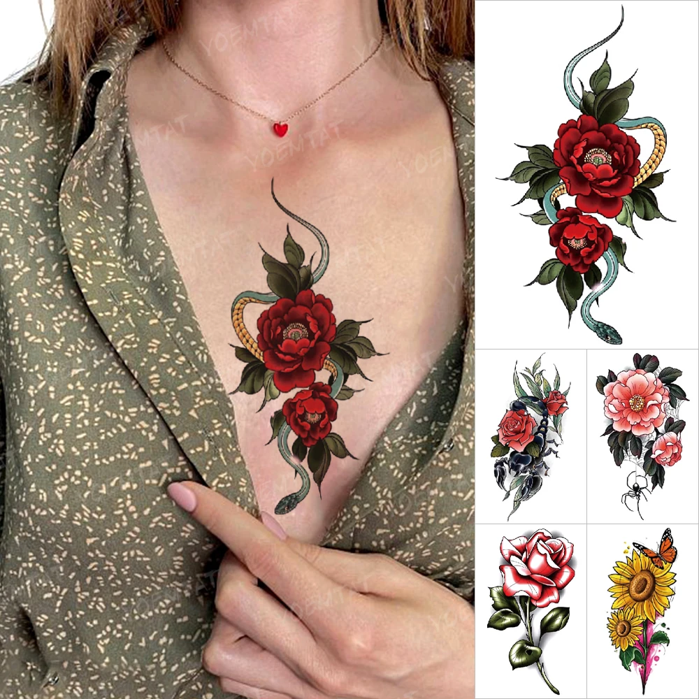 

Sexy Flower Snake Watercolor Temporary Tattoo Sticker Women Chest Wrist Scorpion Rose Peony Flash Tatto Body Art Small Tatoo Men