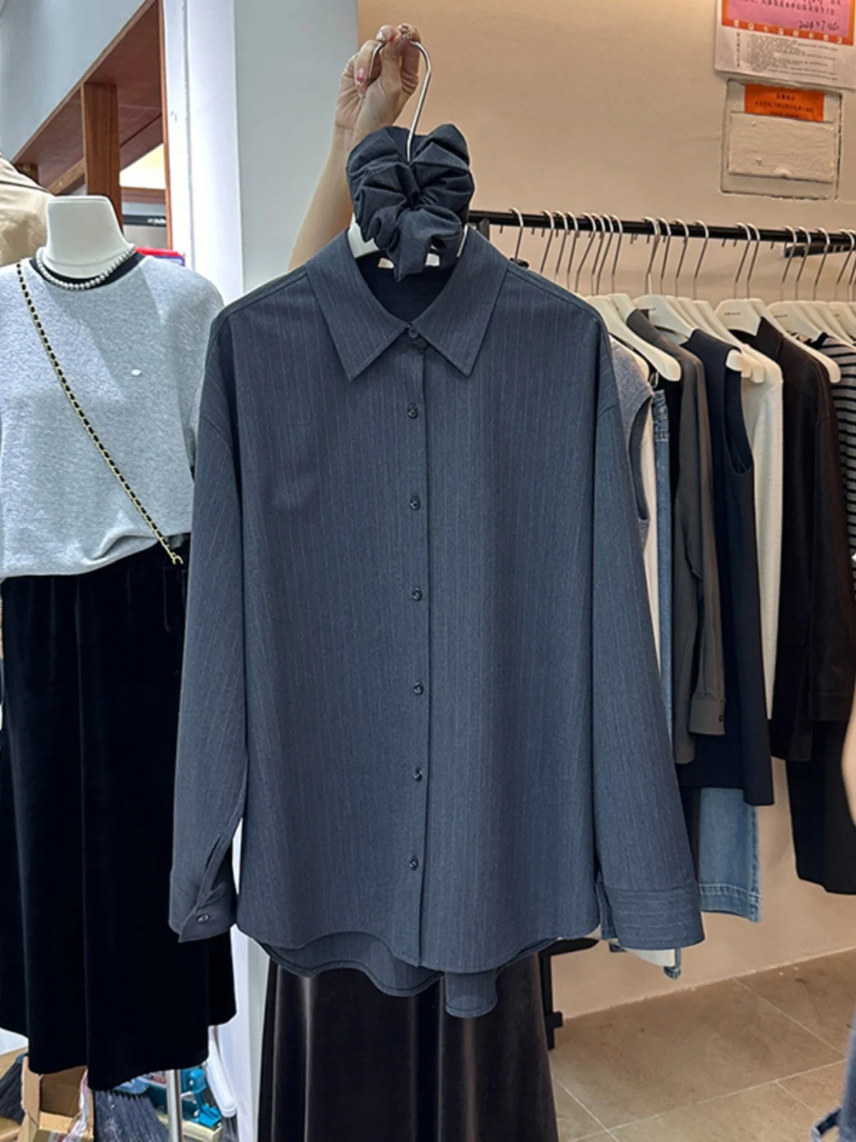 

ay Вертикальные полоски, женские повседневные длинные рукава для поездок на работу, осень-зима, новые легкие длинные рубашки из полиэстера Maturi Faion...