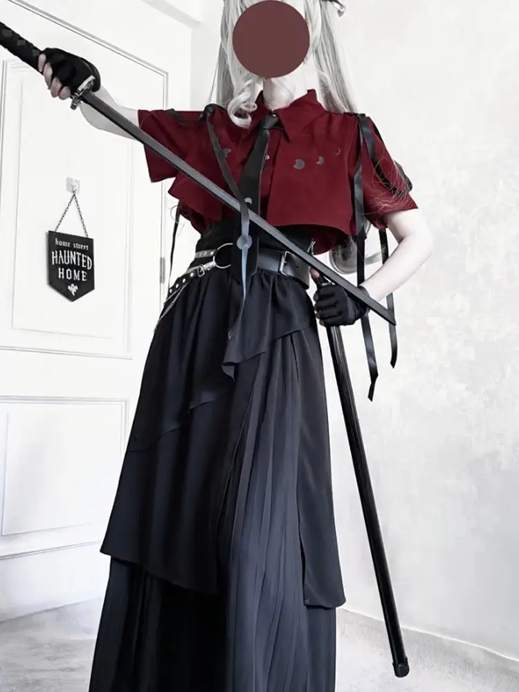 2025 جديد القوطية خمر أنيقة 3 قطعة مجموعات النساء Y2k زر تصميم القمم + أسود عالية الخصر الرجعية تنورة الإناث حزام مجموعات الحفلات
