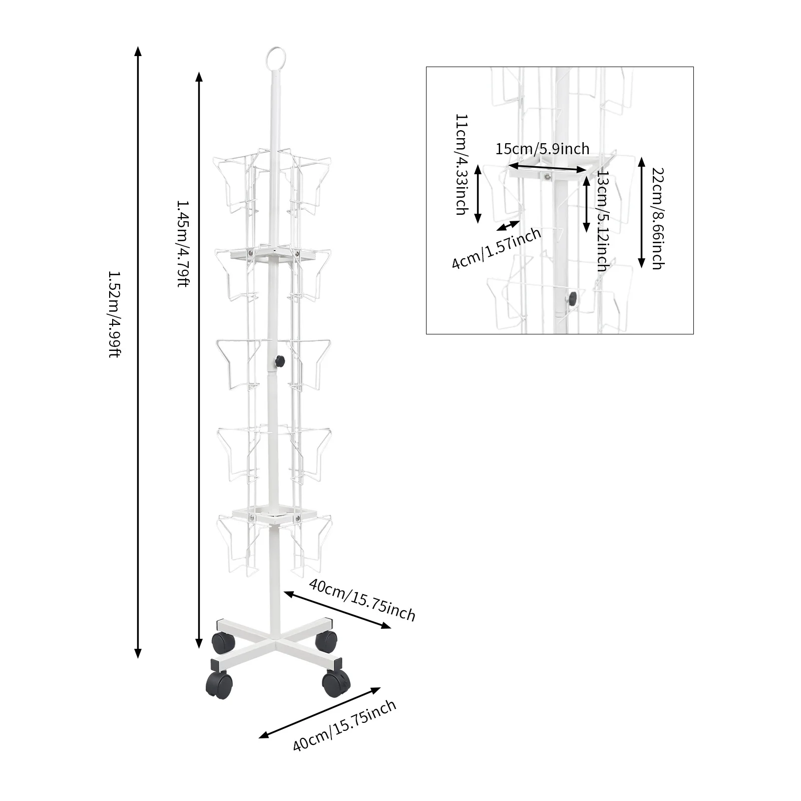 ชั้นวางการ์ดแสดงผลแบบหมุนได้ห้าชั้น ทำจากเหล็กแผ่นรีดเย็นสีขาว ขนาด 1.52 เมตร พร้อมล้อเลื่อน