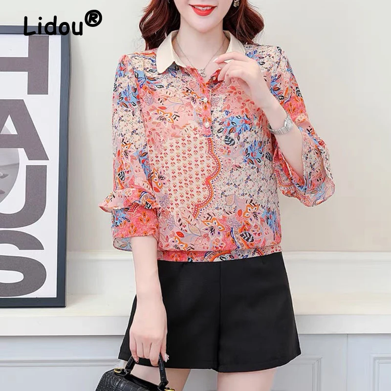 

2023 Women Summer Fashion Floral Printed Ruffle Elegant Blouse Sweet Lapel Three Quarter Sleeve Casual Shirts Female Blusas Ropa