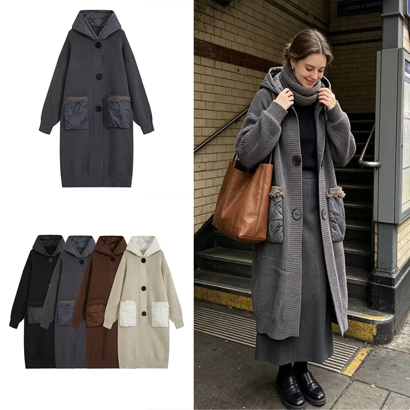 Guobioziy Women's Casual Long Hooded Knit Cardigan with Drop Shoulders, Patch Pockets, Tassel Buttons, and Loose Winter Coat