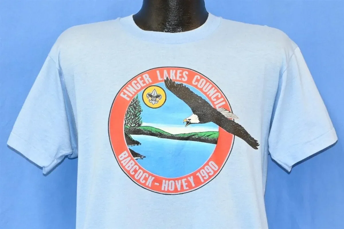 Camiseta de los Boy Scouts BSA Finger Lakes Council Babcock Hovey de los años 90, 1990, con diseño de águila calva, talla grande