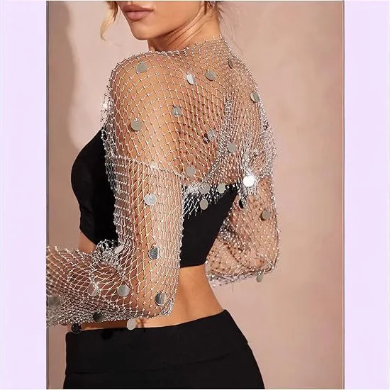Fashion Sexy Fishnet Sequin Cardigan with Rhinestone Embellishments Wedding Party Props