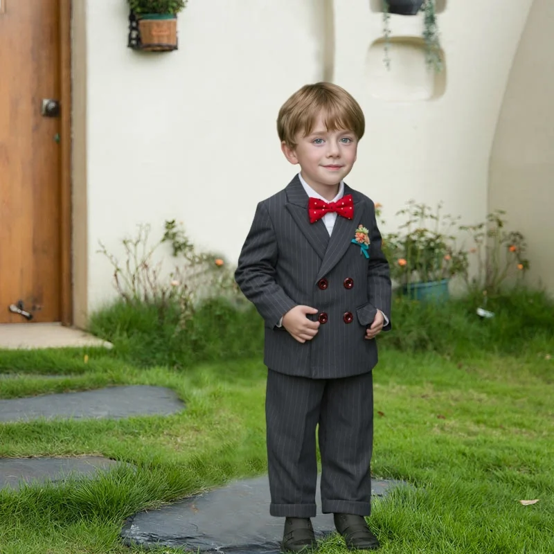 

Flower Boys 5Pieces Blazer Set With Jacket Vest Pants Bowtie Brooch For Wedding Kids Birthday Piano Ceremony Performance Costume