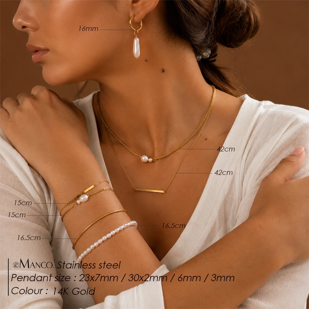 EMANCO  Minimalist Style Stainless Steel Jewelry Set Gold Color Chain Pearl Geometric Bar Pendant Necklaces Stackable Bracelets
