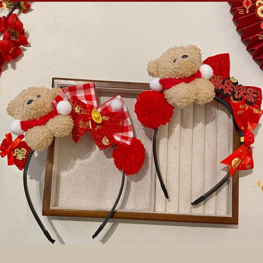 

Cute Cartoon New Year Headband Pony Little Bear Red Velvet Bow Hairband Good Luck Red Hair Hoop Women