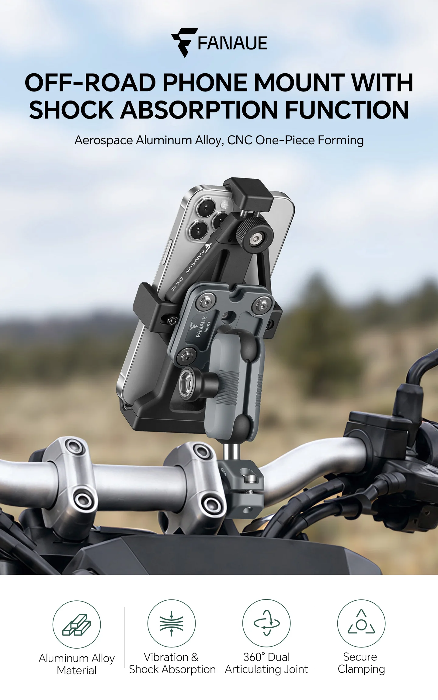 FANAUE Motorrad- und E-Bike-Handyhalterung mit Stoßdämpfung und Anti-Shake-Funktion für Fahrrad-Navigation – Detail 1