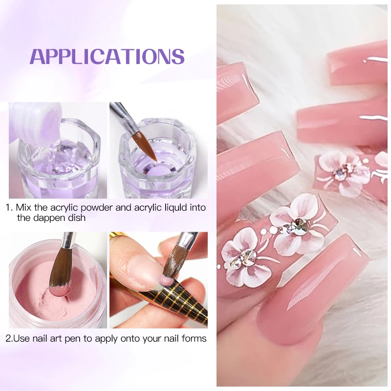 10個入りアクリルネイルキット、アクリルパウダーとクリスタルリキッドセット、ネイルブラシ付き、アクリルネイルエクステンション、カービング、マニキュア用