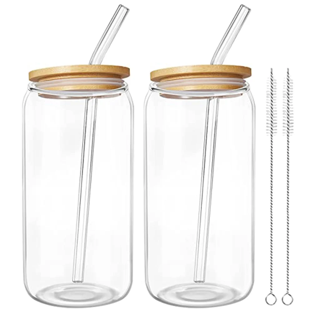 

Glass Cup 2 Sets Portable Can Water Cup Drinking Cups Lids Straws Tea Milk Clear Design Practical Beverage Glass