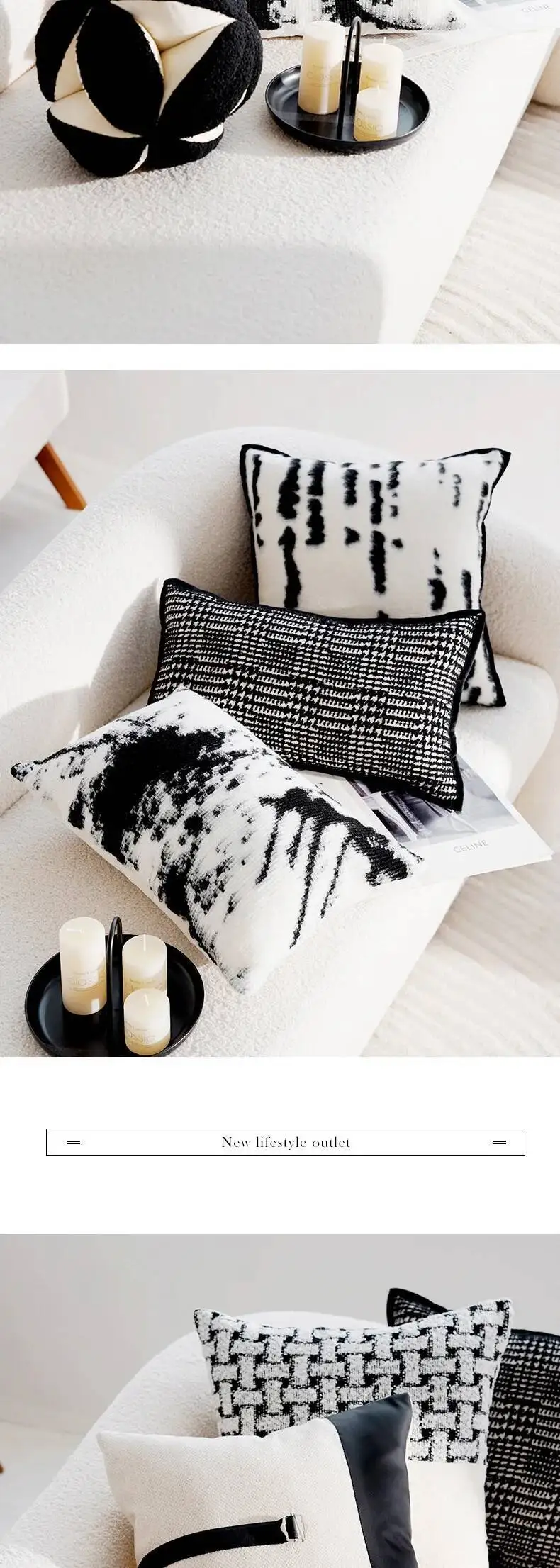 Elegante schwarz-weiße moderne Kissenhülle aus Chenille, weiches abstraktes Muster, Fell-Dekokissenbezüge für Sofa- und Bettdekoration – Detail 7