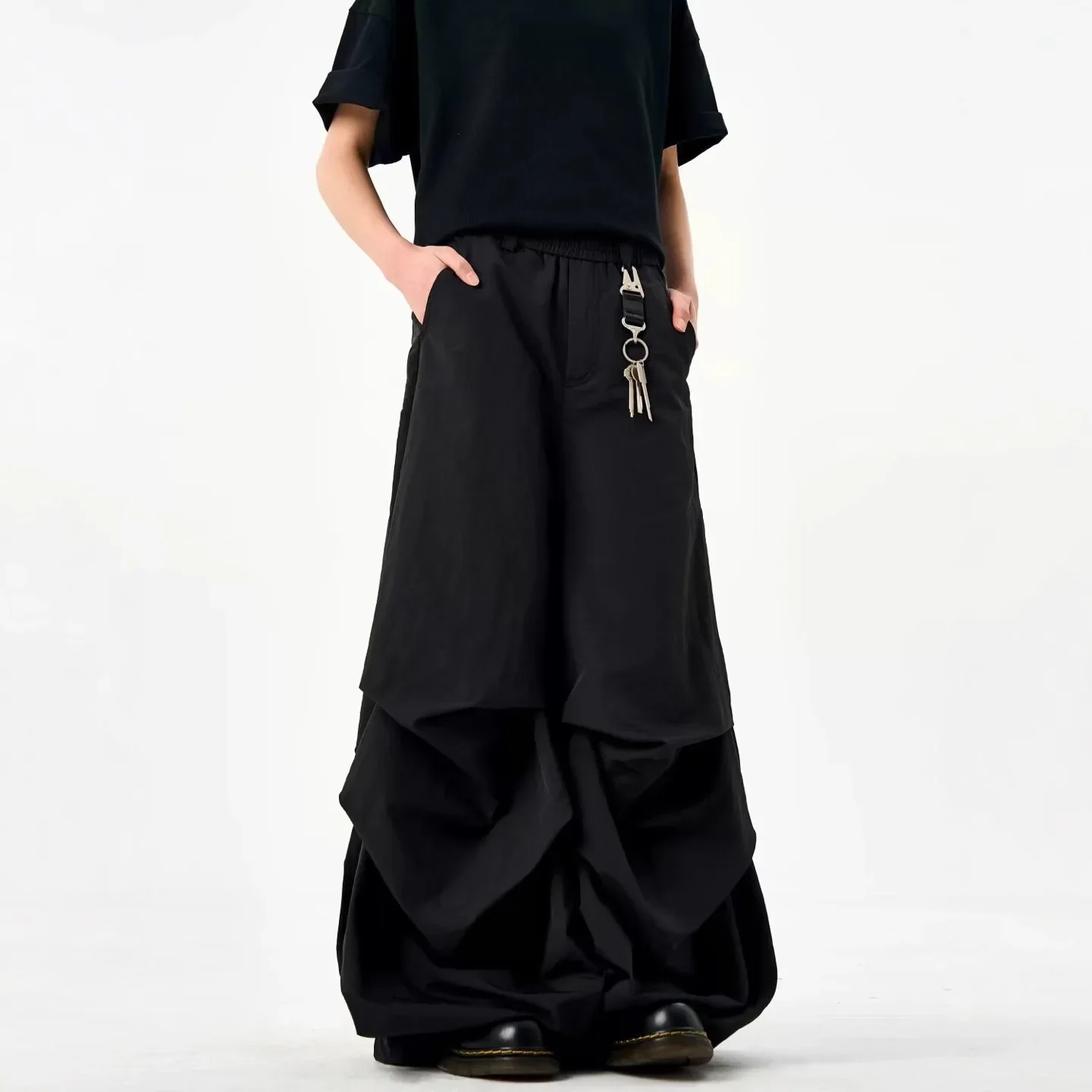 العصرية الأسود مطوية المظلي السراويل فضفاضة سريعة الجافة عارضة السراويل للرجال والنساء الصيف الأمريكية شارع العليا واسعة الساق Lon #3