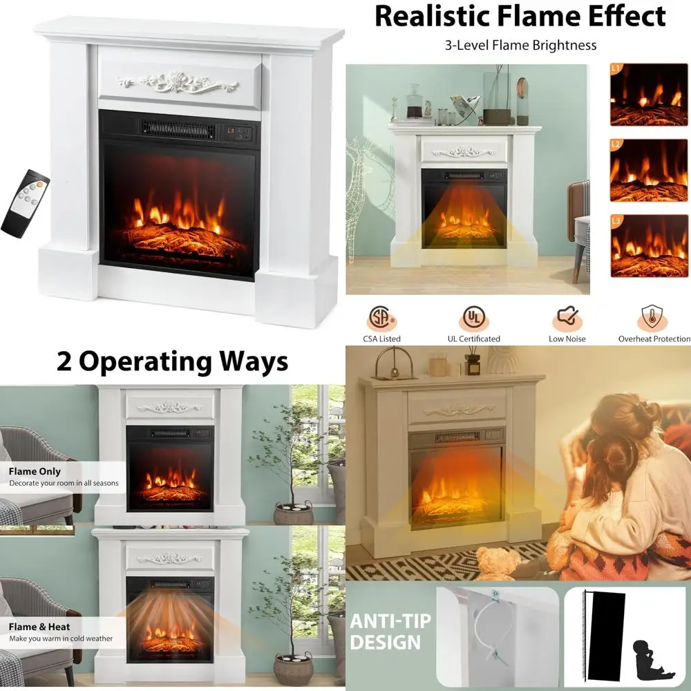 Calentador de chimenea eléctrico independiente de 32 pulgadas con repisa, 1400W, control remoto, termostato, temporizador de 6H