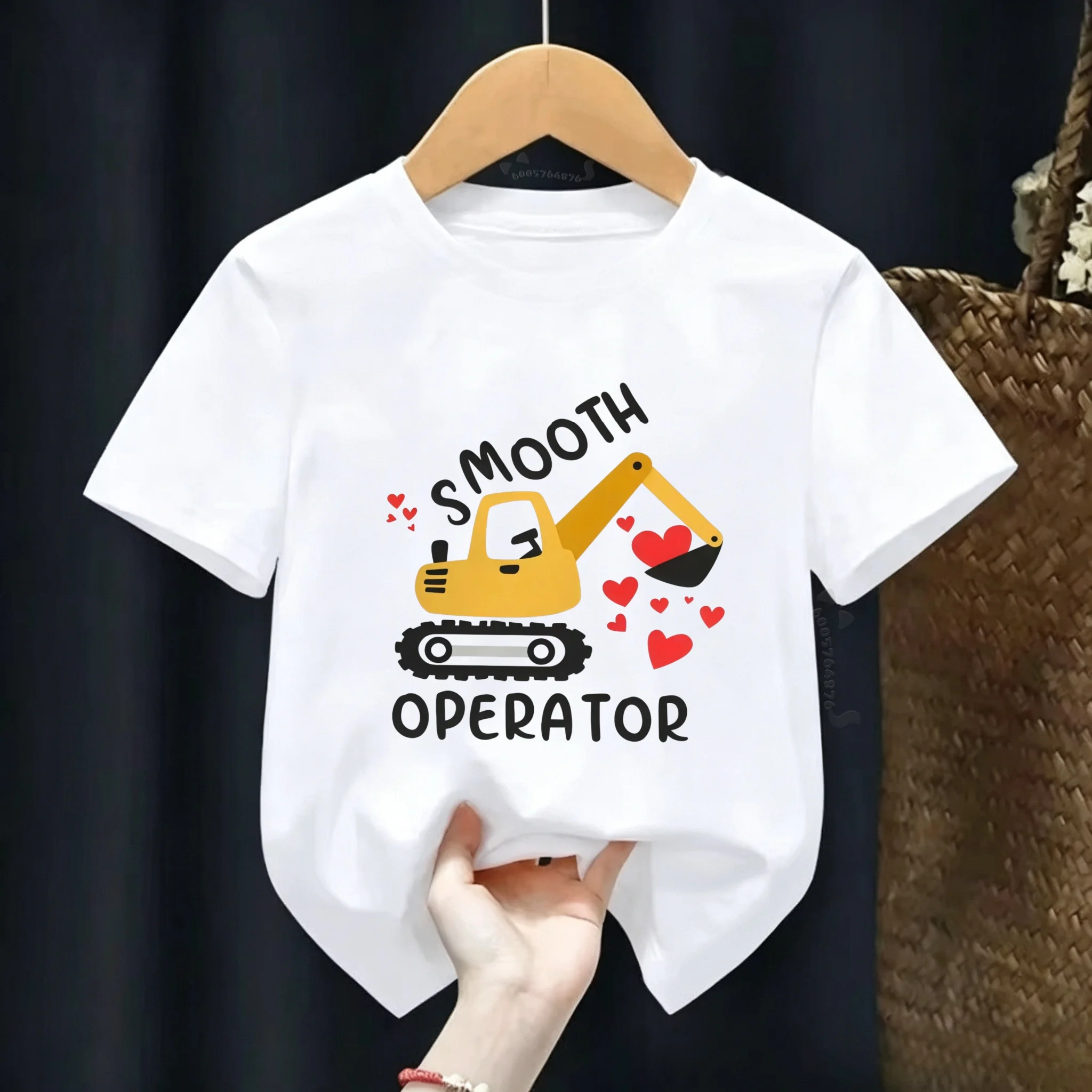 Children's Construction Truck Smooth Operator Excavator Print Cotton T-Shirt - Soft and Comfortable Clothing for Young Children