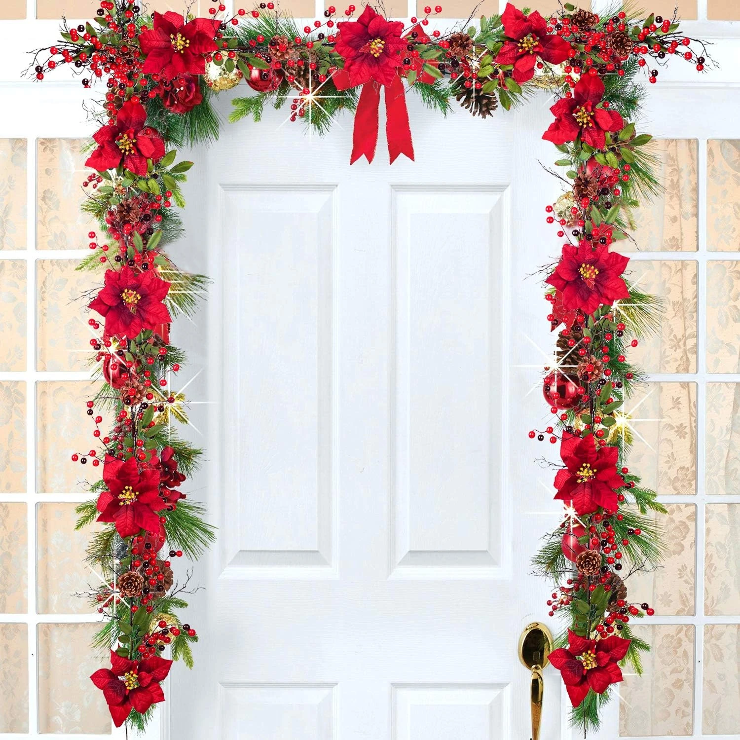 5.3ft Christmas Garland with Red Poinsettias, Holly Leaves, Pine Cones - Festive Holiday Party Decor