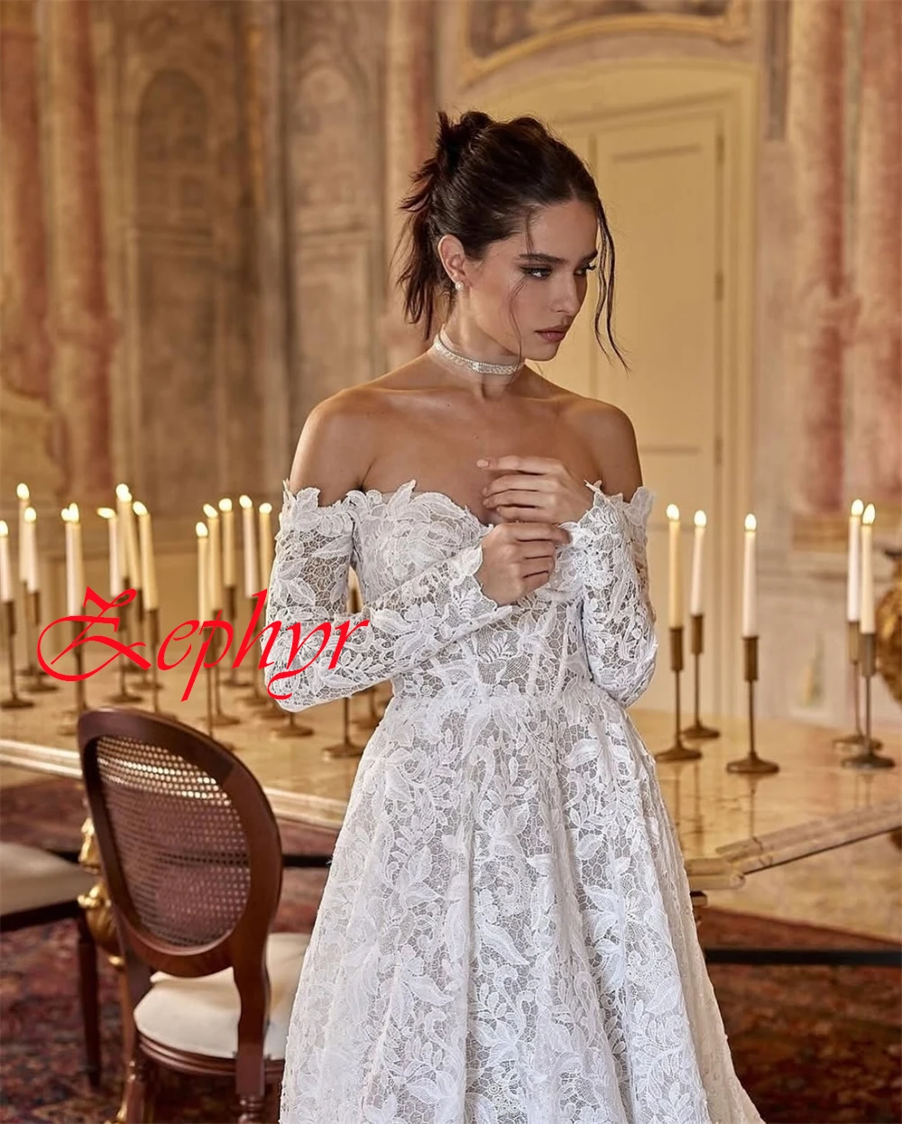 Robe de mariée en dentelle blanche exquise, personnalisée, élégante, sans bretelles, manches longues, traîne chapelle, fermeture éclair au dos