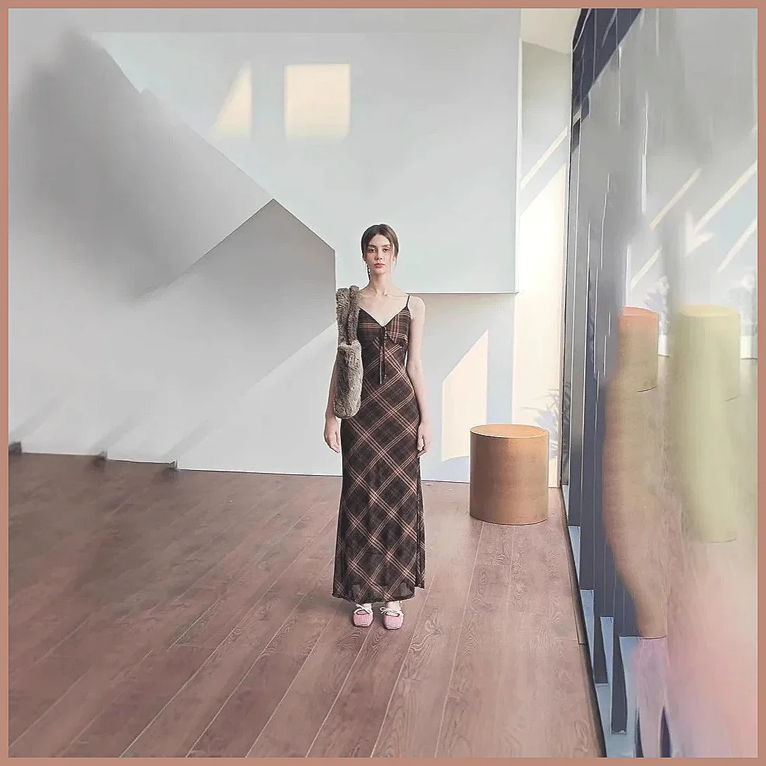 Abito Vintage a Quadri per Donna, Elegante Vestito Lungo Senza Maniche con Scollo a V e Spacco Laterale per Feste Serali (Caratteri: 78)