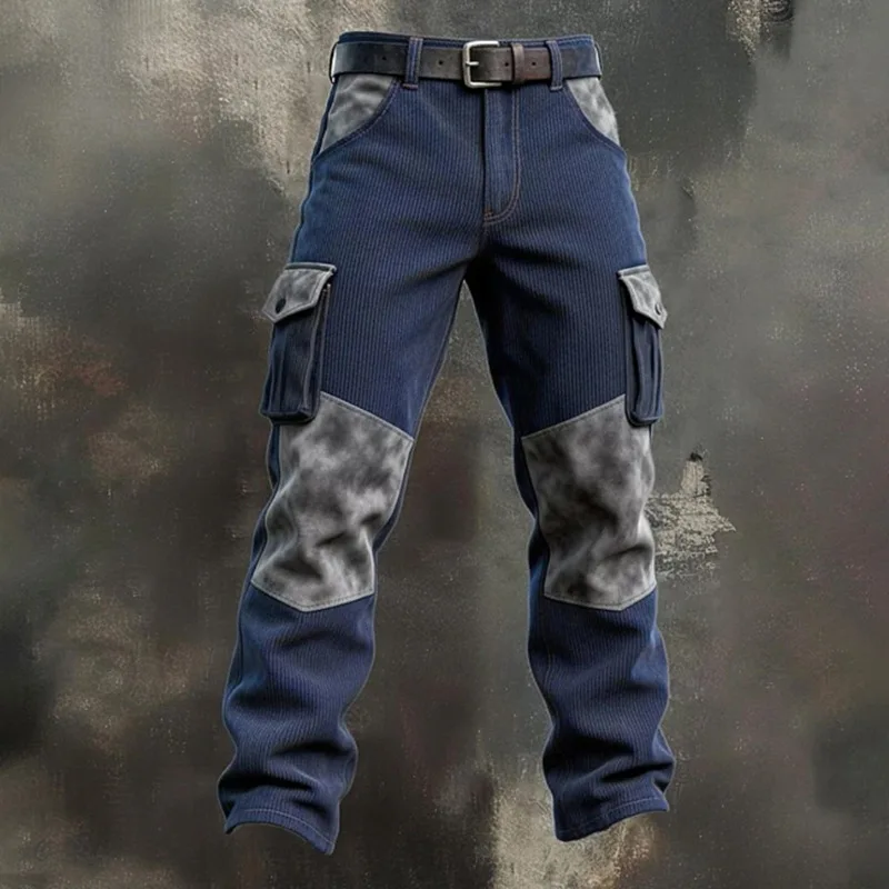 Vintage Mens Loose Fit Jean Pants Stylish Multiple Pockets Patchwork Cargo Jeans Men Fall Fashion Corduroy Texture Denim Trouser
