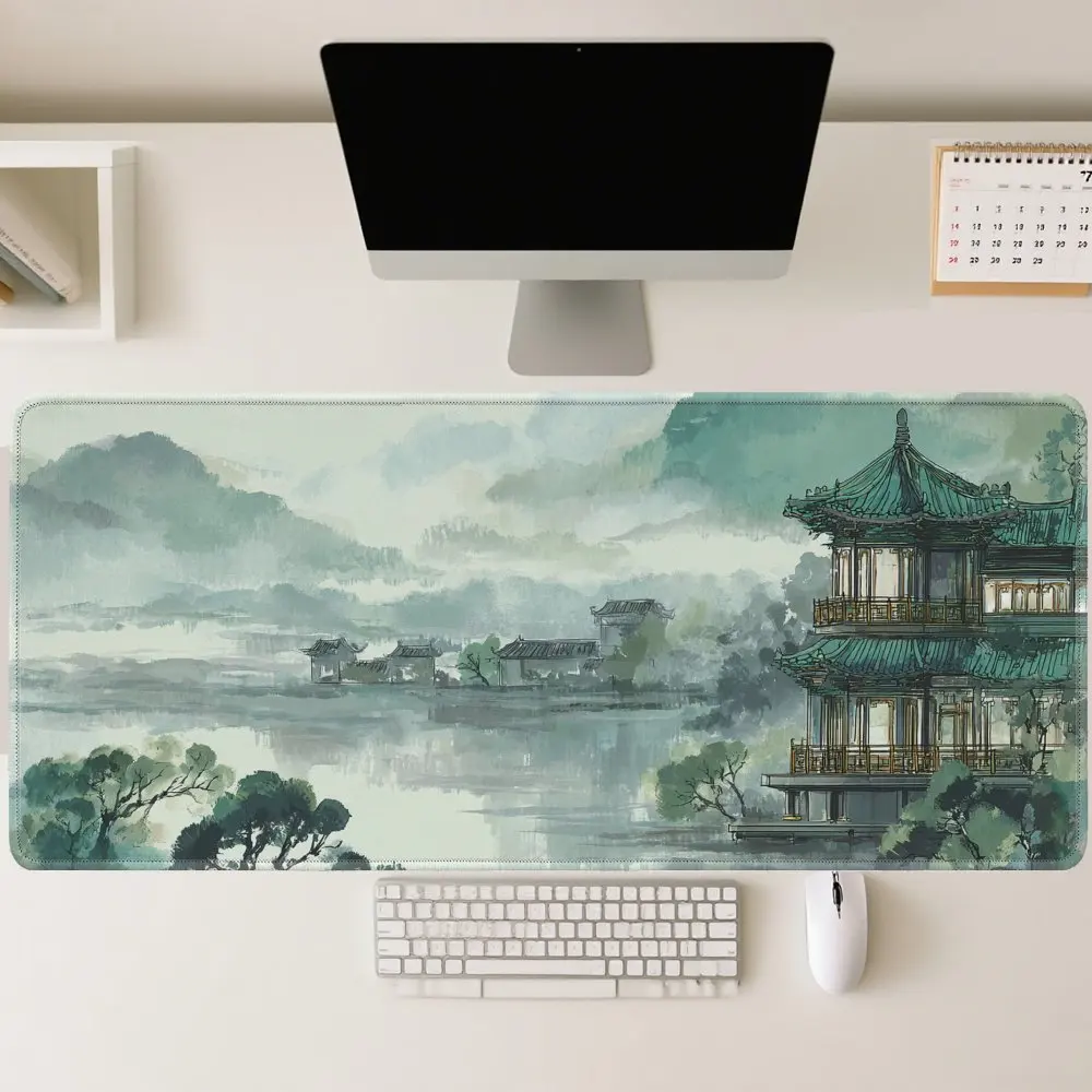 

Teal Ink Chinese Pavilion Landscape Printed Desk Pad Large Soft Rubber Traditional Aesthetic Gaming Mat Multi-Size Desk Mat
