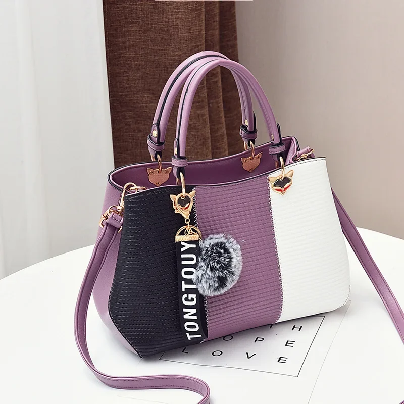 Women's bag New Fashion Hair Ball Pendant Hit Color Ladies Handbag Trend All-match Retro PU Messenger Bag Shoulder Bag Wallet