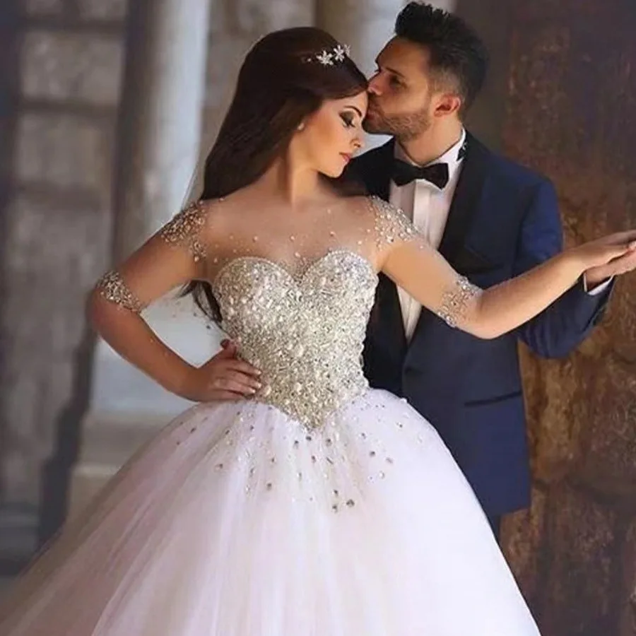 GUXQD Ball Gown Women Wedding Dresses Crystal Beading Tulle Bridal Gowns Court Train Formal Vestido De Noiva robe de mariée