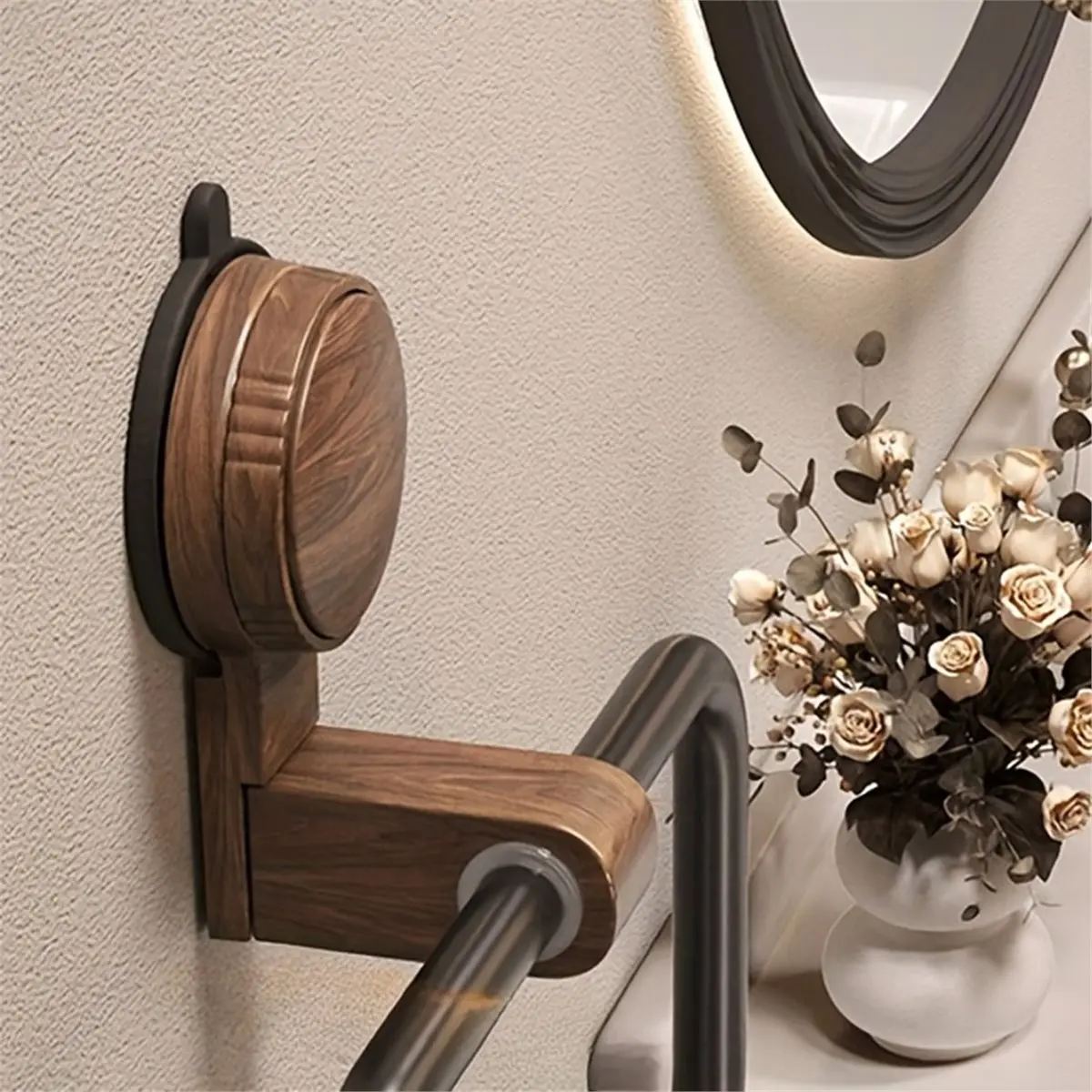 (CNIM) Vintage Walnut Wood Towel Ring with Suction Cup Mount, No-Drill Wall-Mounted Bathroom Towel Holder,Stainless Steel Frame
