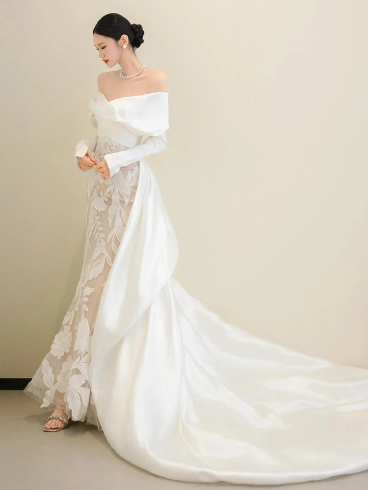 Vestidos de novia de lujo de manga larga con hombros descubiertos, vestido de sirena con forro desnudo para sesión de fotos, vestido de novia elegante de encaje con apliques