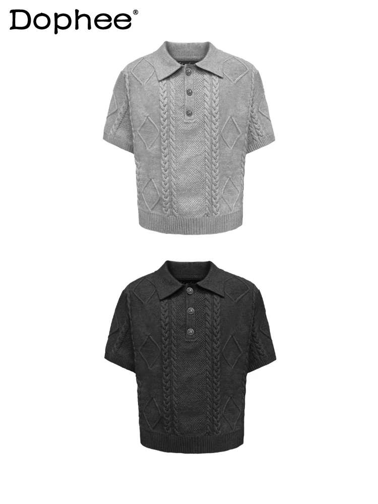 

2026 Men's Spring Summer New Fashion Knitted Polo Shirts Lapel Solid Color Chic Sweaters Short Sleeve Knitwear Handsome T-Shirts