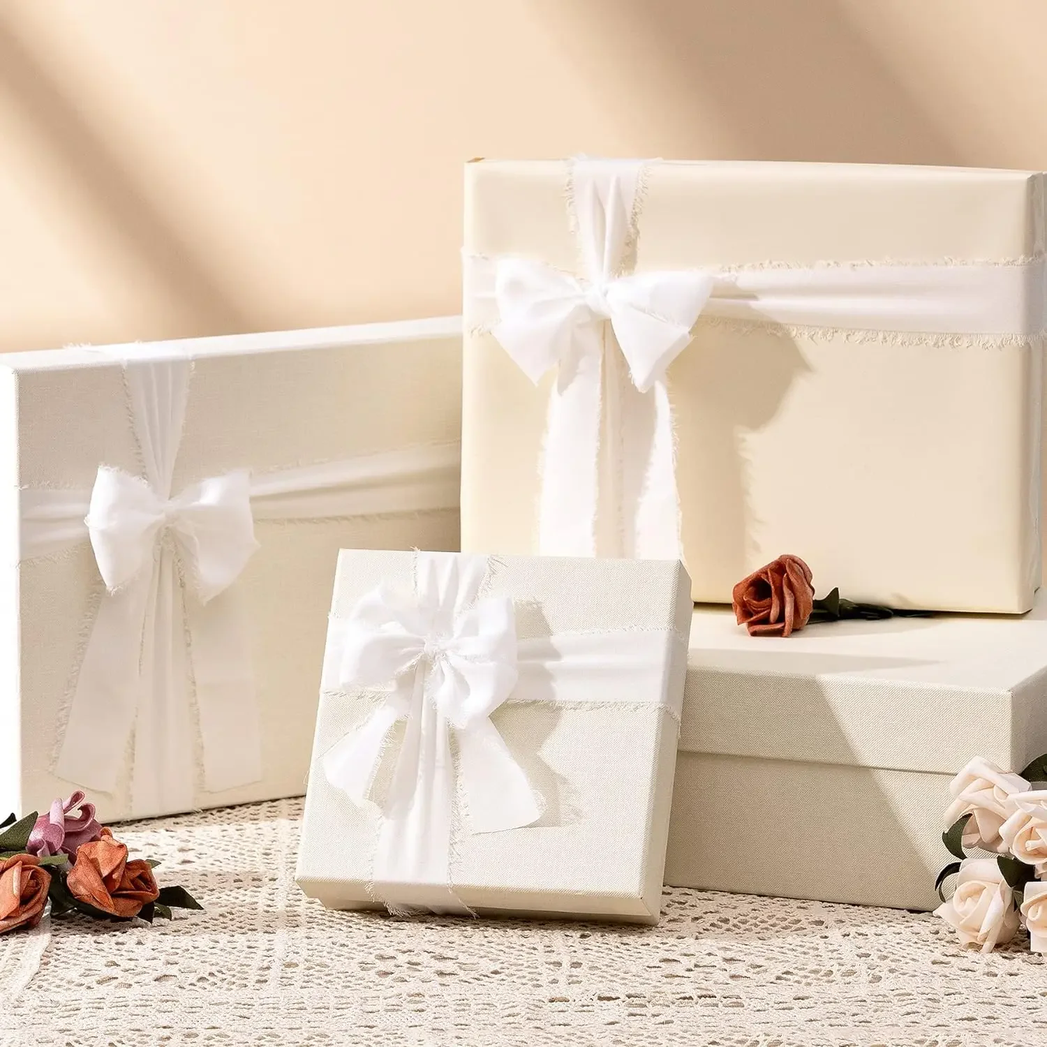 3 Rollen 5 Meter weiße Chiffonbänder für Hochzeitseinladungen, Brautsträuße, Geschenkboxen, Schleifendekorationen, Weihnachtsband – Detail 1