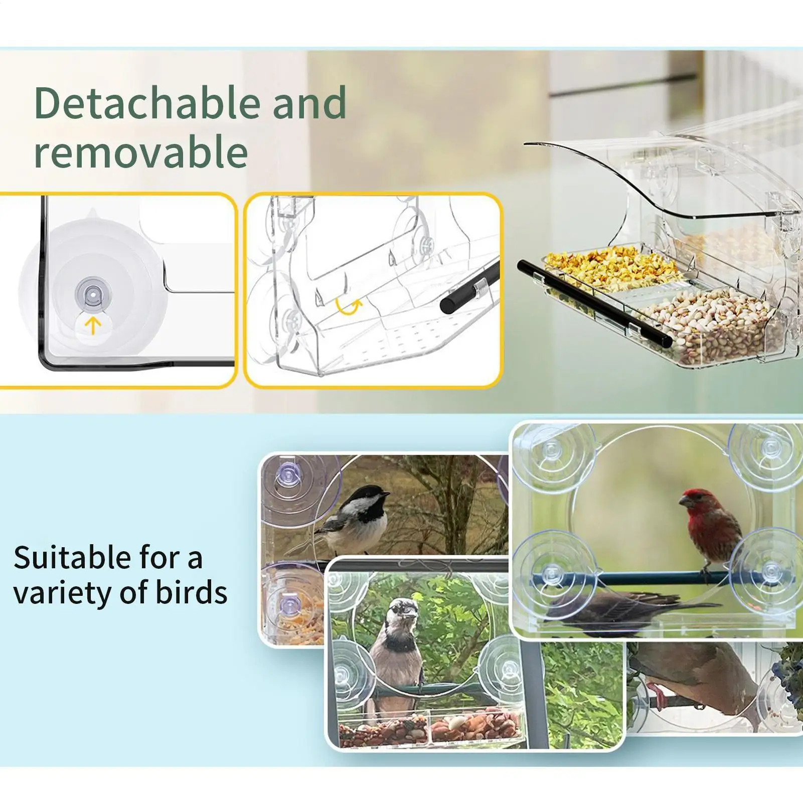 

Кормушка для птиц для окна на присоске, прозрачная акриловая кормушка для птиц, прозрачная акриловая съемная коробка для еды с окном, герметичная