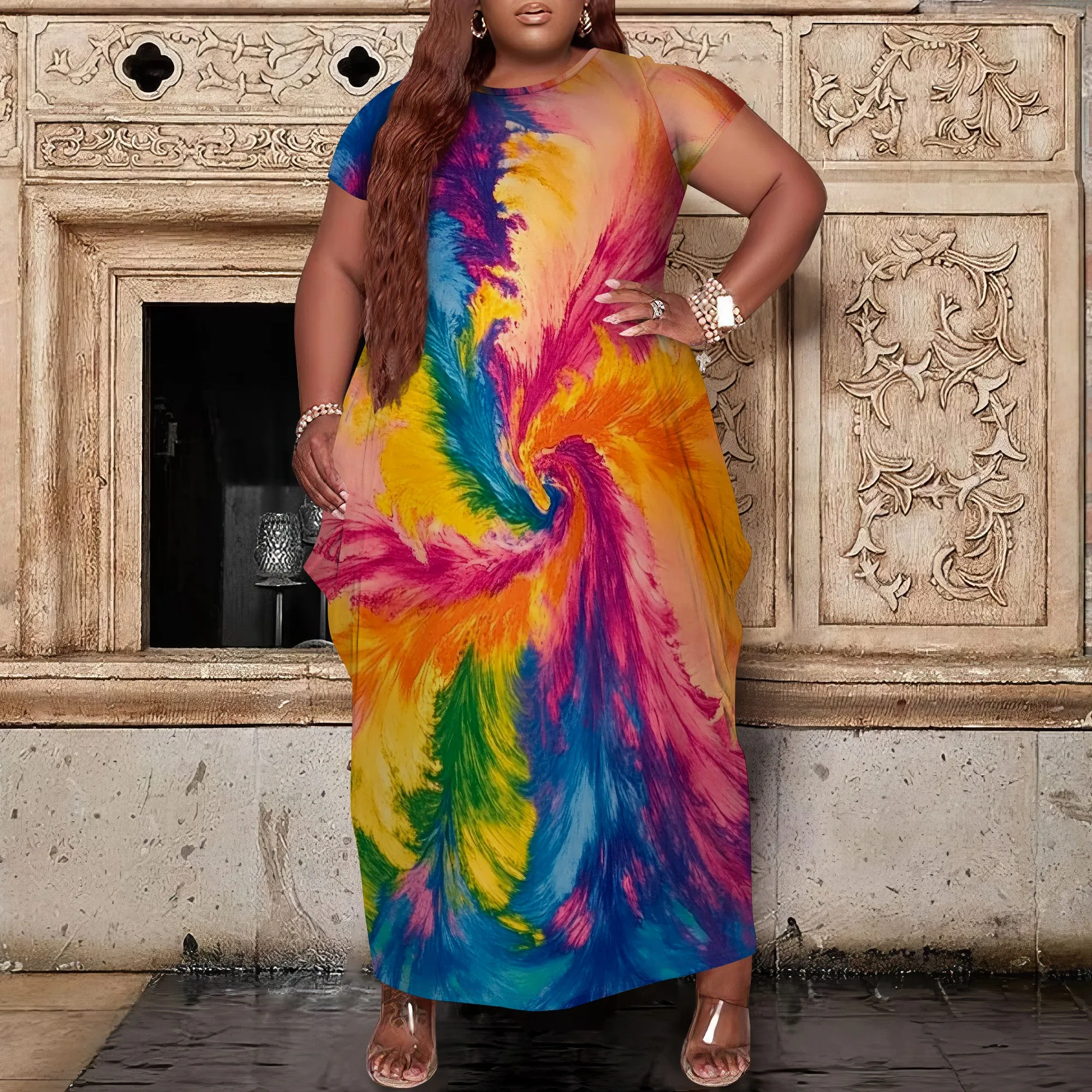 

Nupusa Rainbow Swirl Tie Dye Print Dress for Women Plus Size Summer Casual Round Neck Short Sleeve Maxi Dress