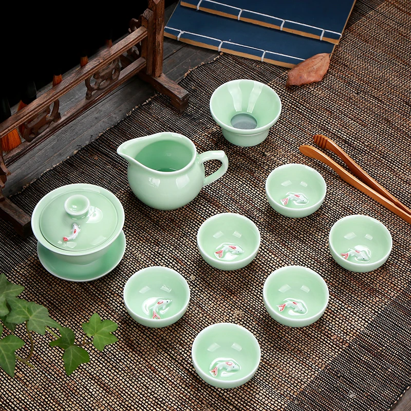 Longquan Celadon Fish Tea Set Ceramic Kettle Gaiwan Cup chinese kung fu pot drinkware for friend Gift